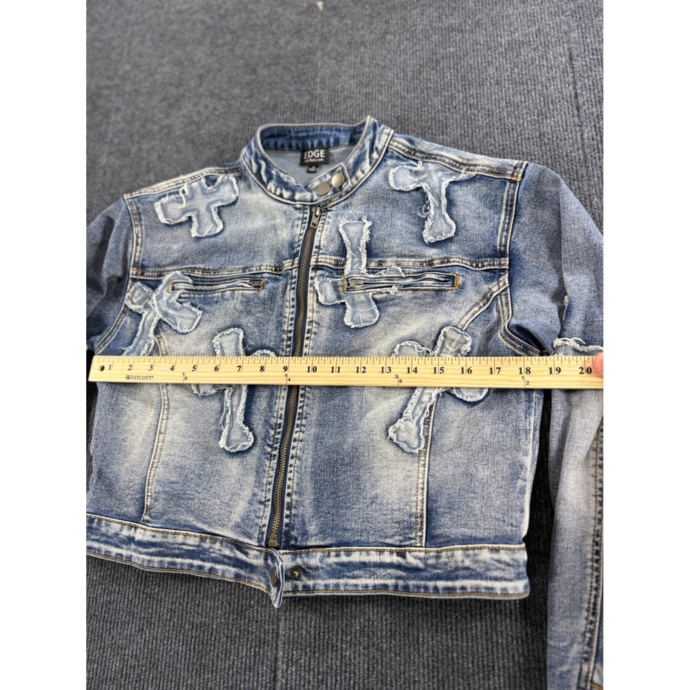 Edge by KS Womens Distressed Cross Patch Denim Jacket Blue LT60330B-K Medium - Picture 4 of 6